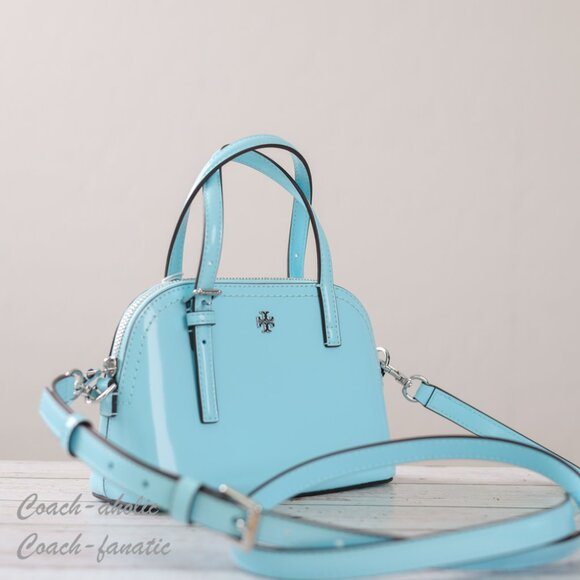 NWT Tory Burch Emerson Patent Leather Dome Satchel Crossbody in Light Celeste - Picture 4 of 11